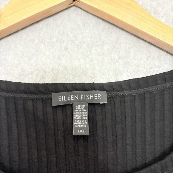 EILEEN FISHER Dress Size Large Kaftan Tunic Black Ribbed Knit High Side Slits - Picture 6 of 7